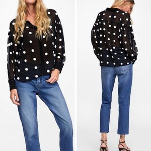 Zara Textured Polka Dot Pom Pom Button Down Sheer Blouse Shirt White/Black SZ L